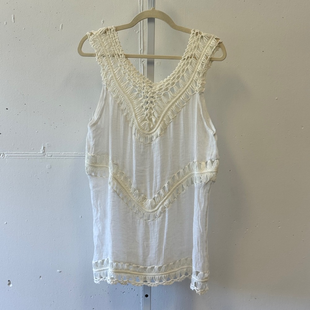 Cupshe White Crochet Lace Trim V-Neck Sleeveless Boho Tank Top Coverup Size M